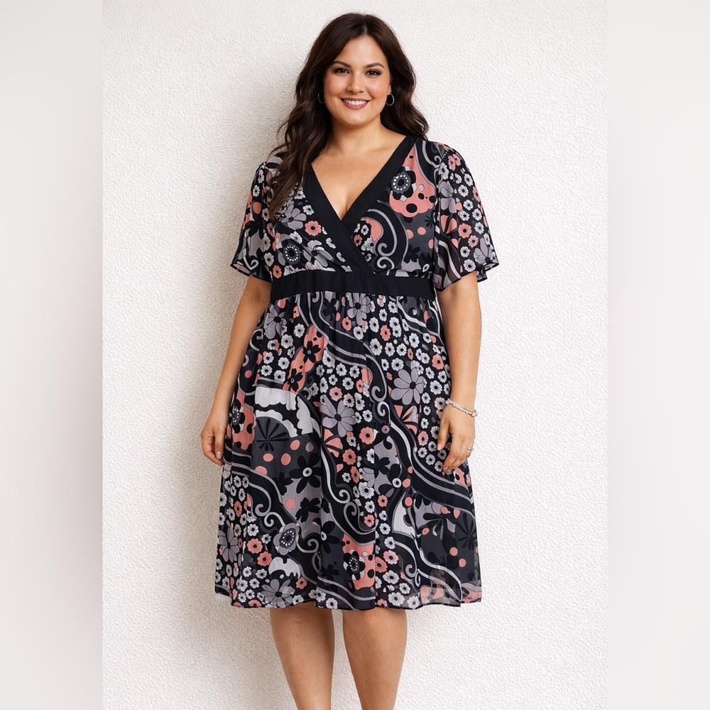 Avenue Floral Dress 20W Plus Size V-Neck Empire Waist